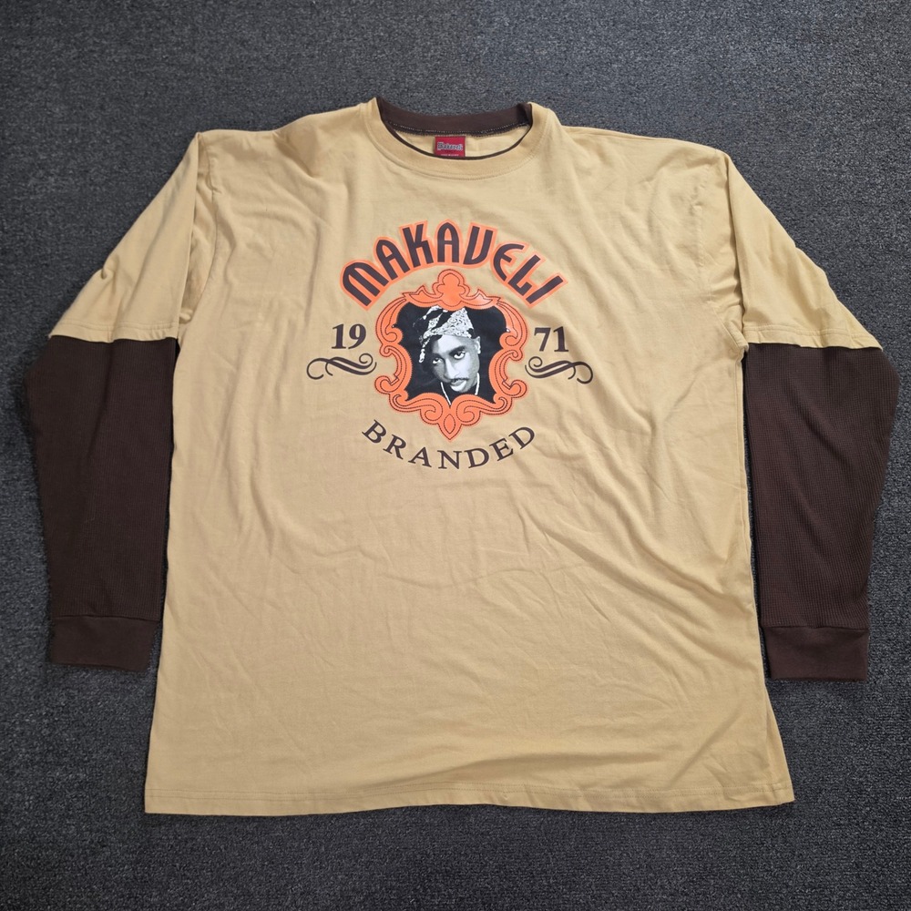 Vintage Makaveli Tupac Shirt Mens 2XL Tan Brown 2Pac Hip Hop Streetwear Thermal